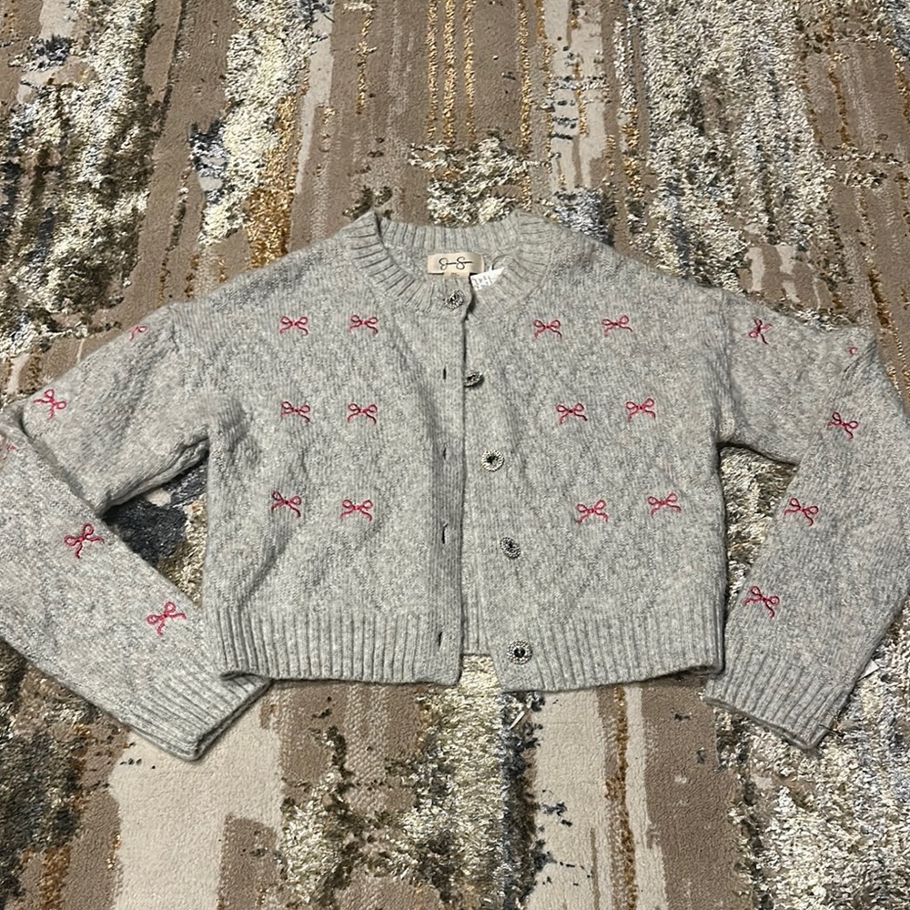 NWT Jessica Simpson Gray Sweater with Pink Bow Accents